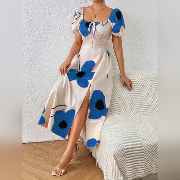 Women's Summer Flora Printed One Shoulder Short Bubble Sleeve Long Side-Split Ma - Picture 1 of 5